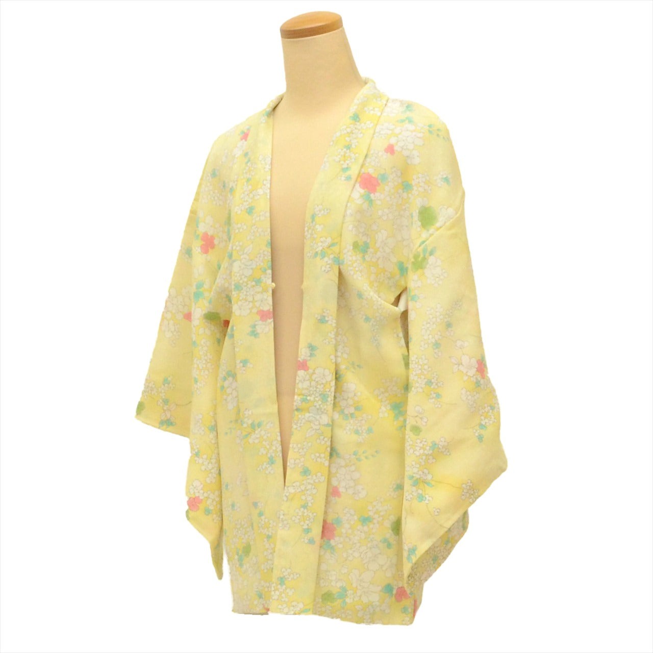Vintage Japanese Kimono | Haori | Yellow Synthetic | Floral | tt1369b