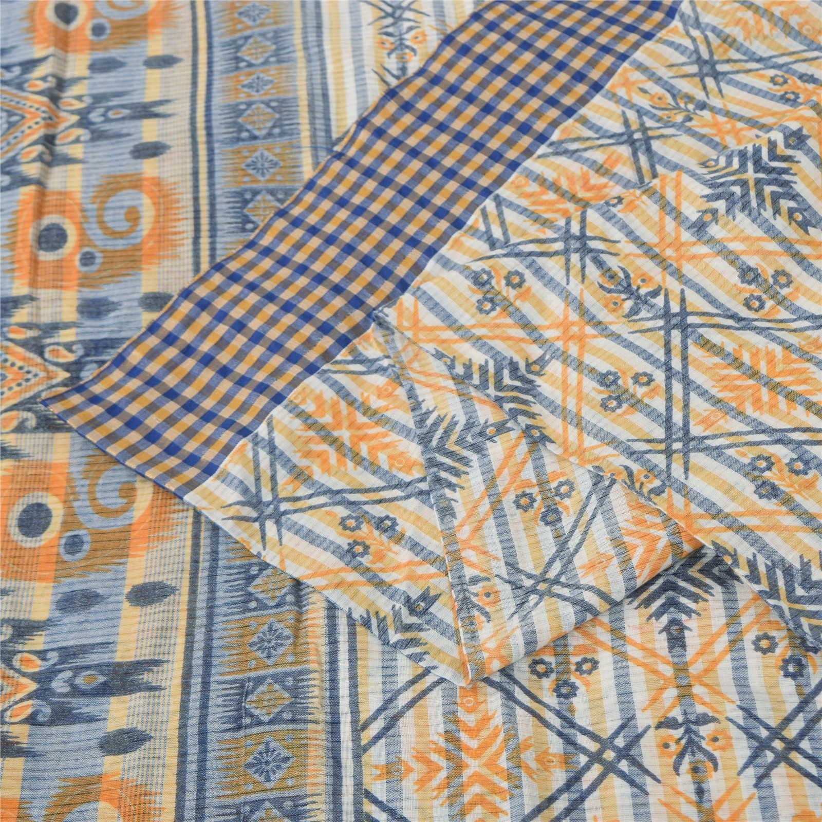 Sanskriti Vintage Sarees Indian Blue Blend Cotton Printed Sari 6Yd Craft Fabric
