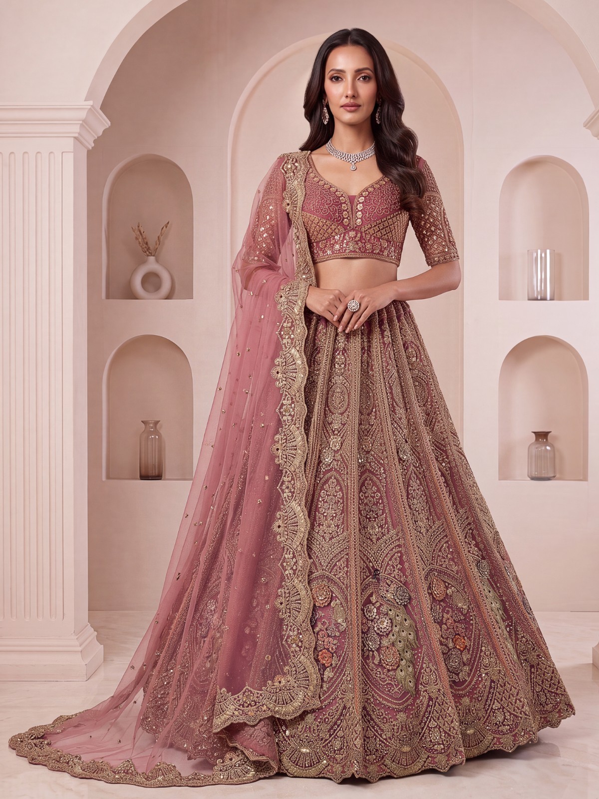 Bridal Net Lehenga Choli Peacock Zari Sequins Embroidery Party Wear Dress