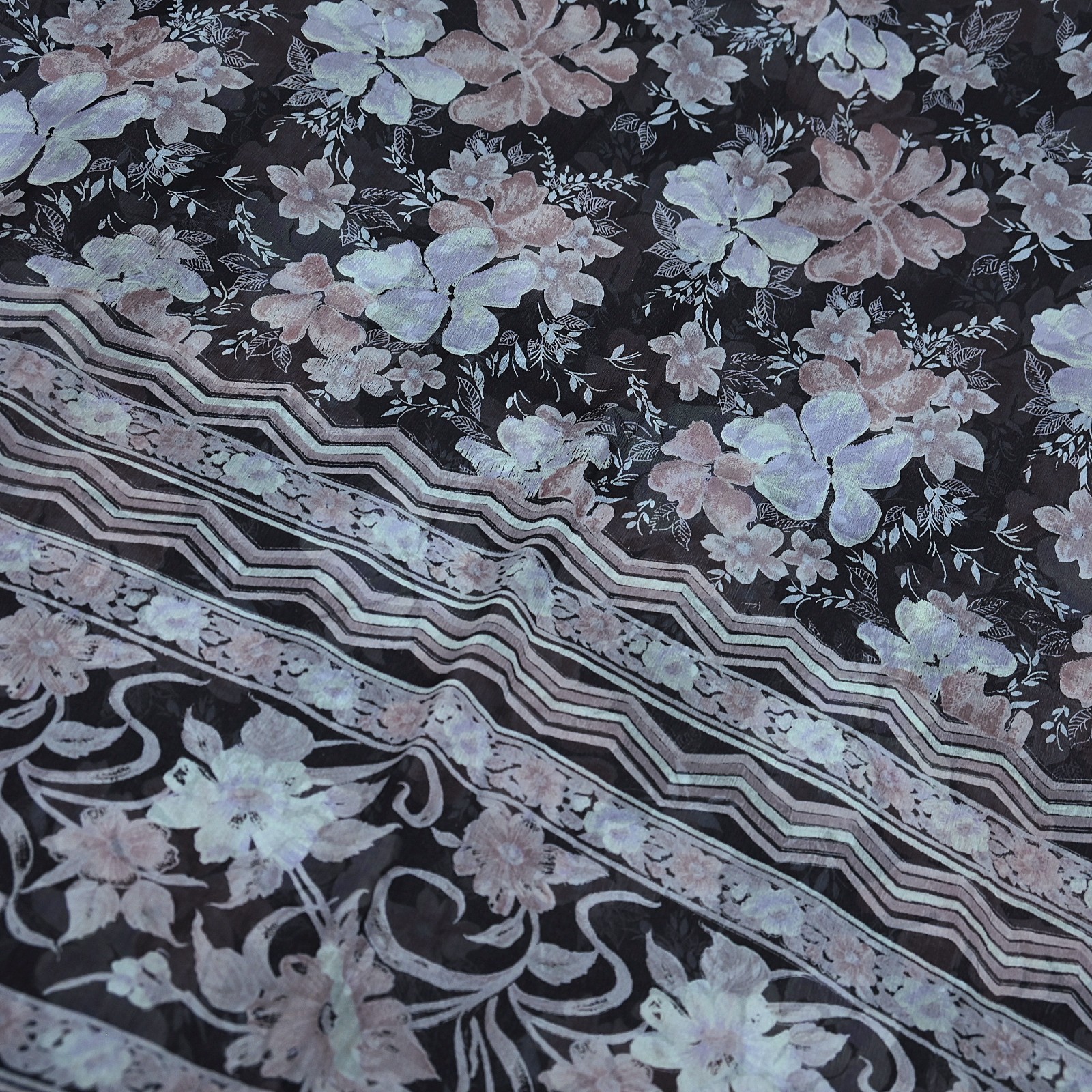 Vintage Saree Black Pure Chiffon Silk Printed Sari Craft Fabric Sewing 5Yd Soft