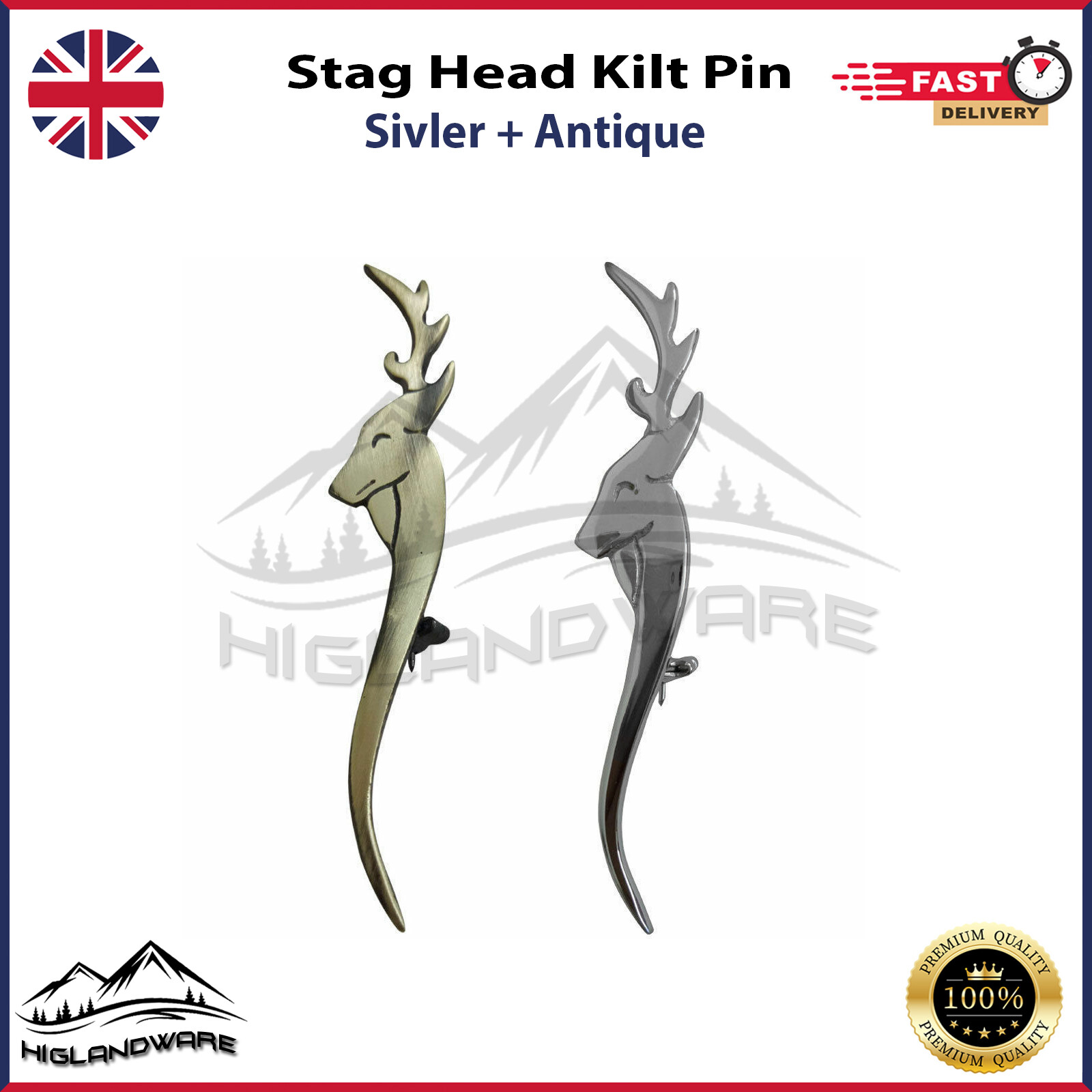 CELTIC STAG HEAD SCOTTISH KILT PINS HIGHLAND UNIFORM KILT PIN SILVER + ANTIQUE