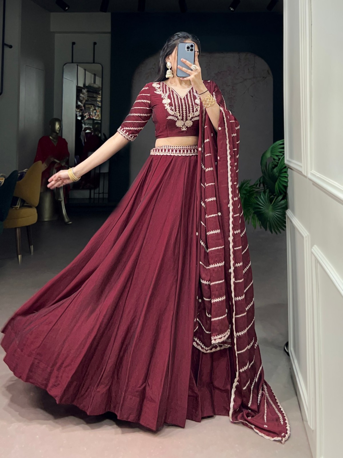 New Designer Rangoli Crush Maroon Lehenga Choli With Dupatta For Wedding