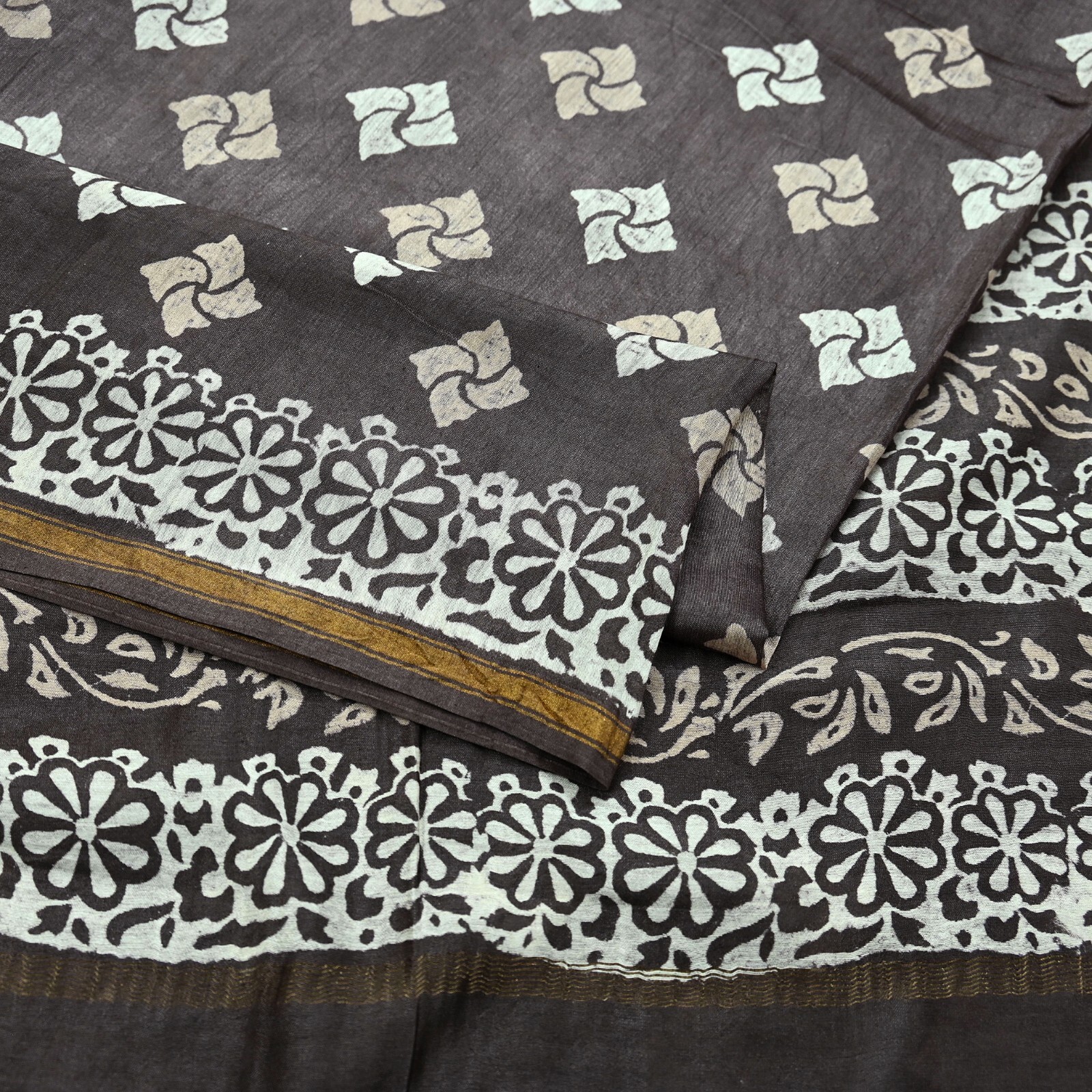 Indian Vintage Sari Brown & Ivory Pure chanderi Silk Block Printed Sarees Fabric