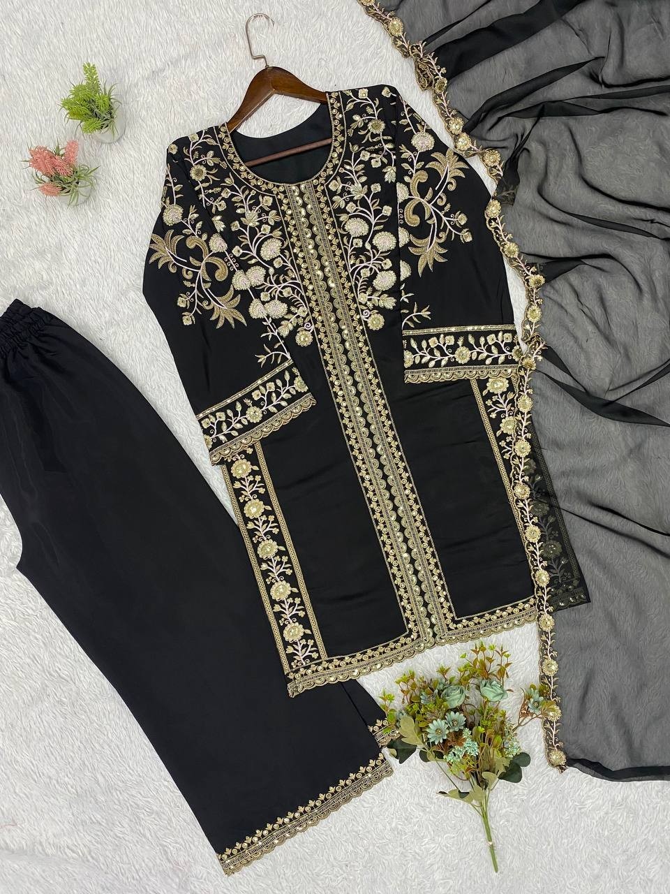 New Designer Black Roman Kurta Palazzo With Dupatta For Party Wear