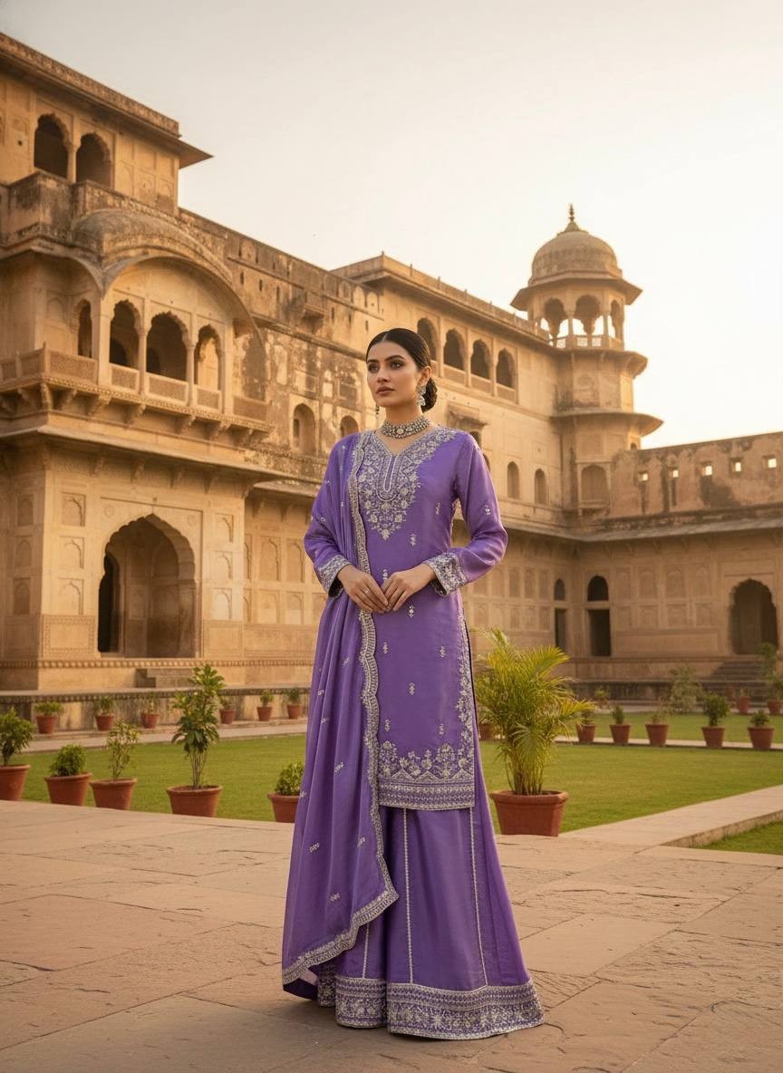 Beautiful Silk Lavender Palazzo Suit With Dupatta For Indian Festive Wear