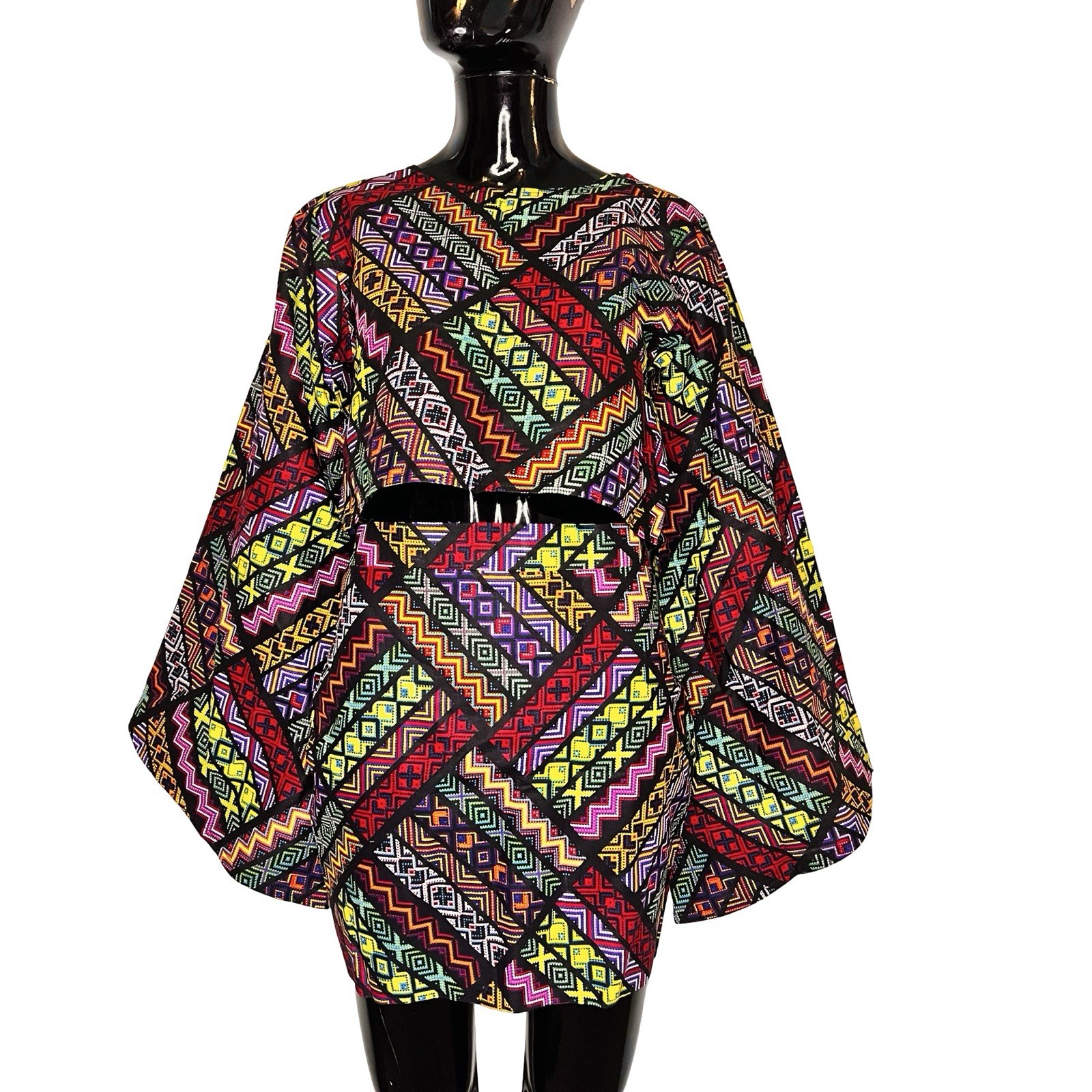 2 Piece African Print Women Multicolor Bell Sleeve Crop Top Blouse & Short Skirt