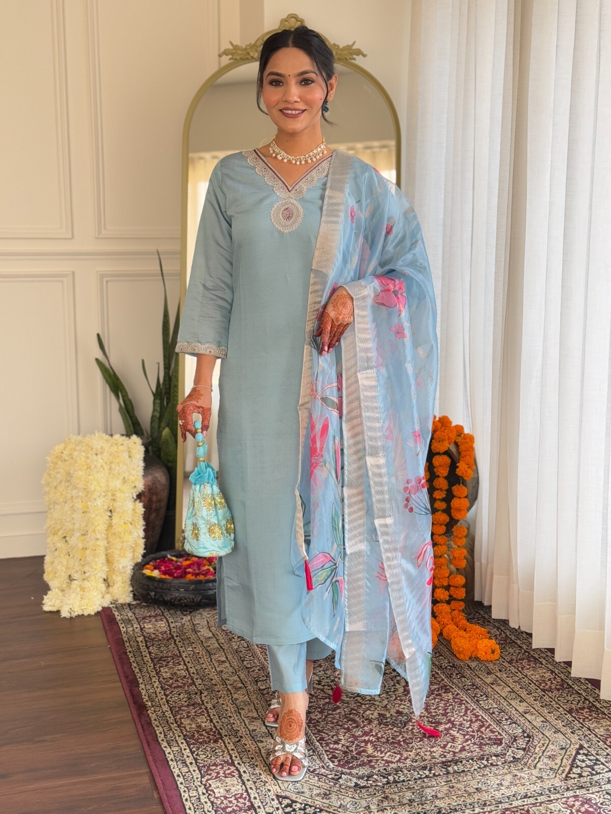 Women’ s Roman Silk Embroidery Kurta with Pant & Dupatta