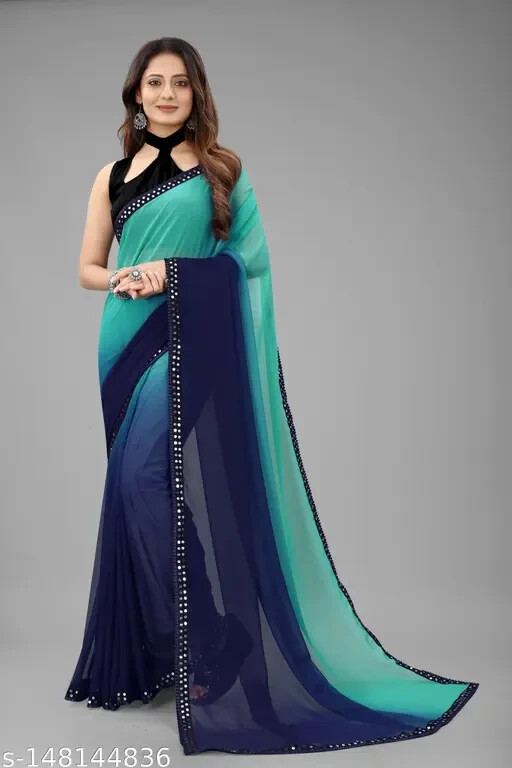 new fancy georgette saree shading color with fancy lace border