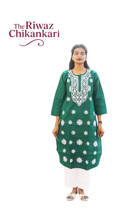 Green Chikankari Kurti for Women | Hand Embroidered Lucknowi Kurta