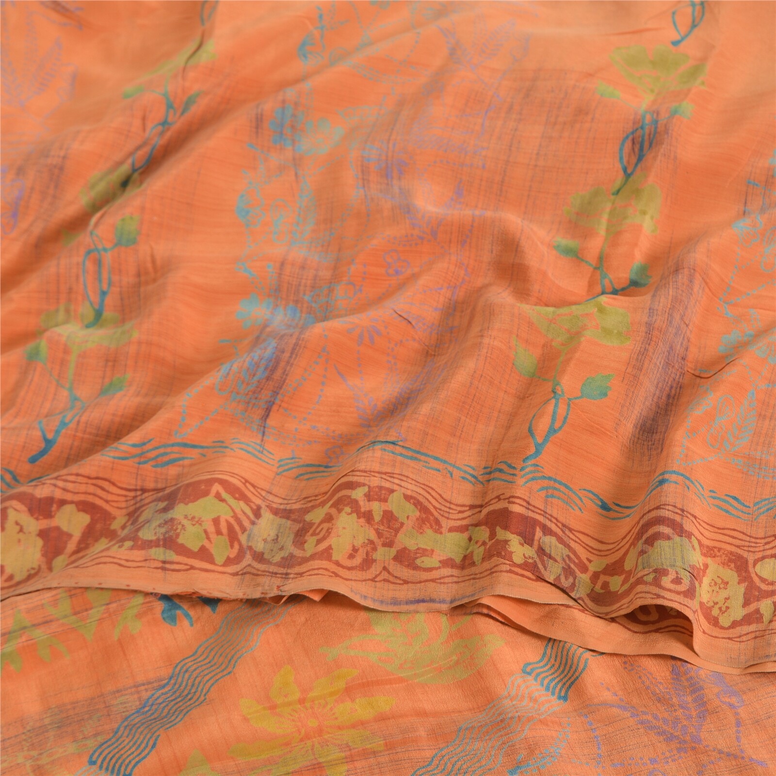 Sanskriti Vintage Printed 100% Pure Crepe Silk Sarees Peach Sari Craft Fabric