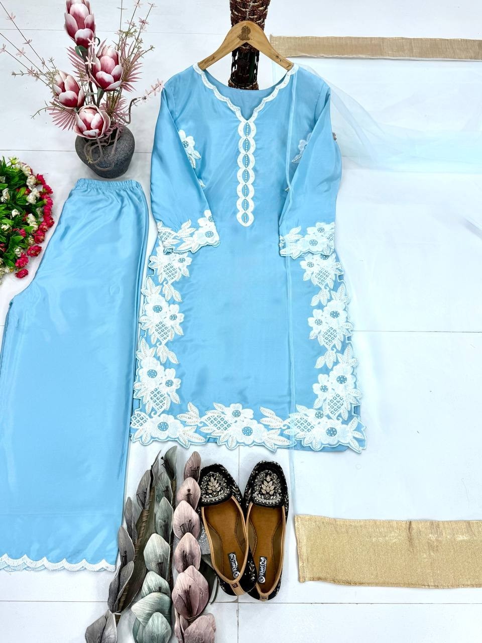 New Presenting Sky Blue Natural Silk Top Palazzo With Dupatta For Function Wear