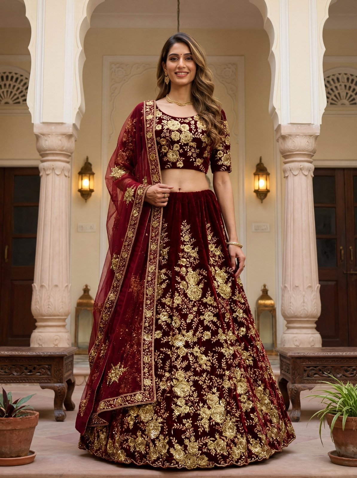 Velvet Lehenga Choli Fancy Floral Zari Work Bridal Reception Wear