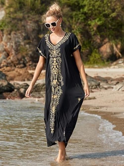 Women Kaftan V Neck Casual Bathing Suit Kimono Sleeve Side One Size Black 03