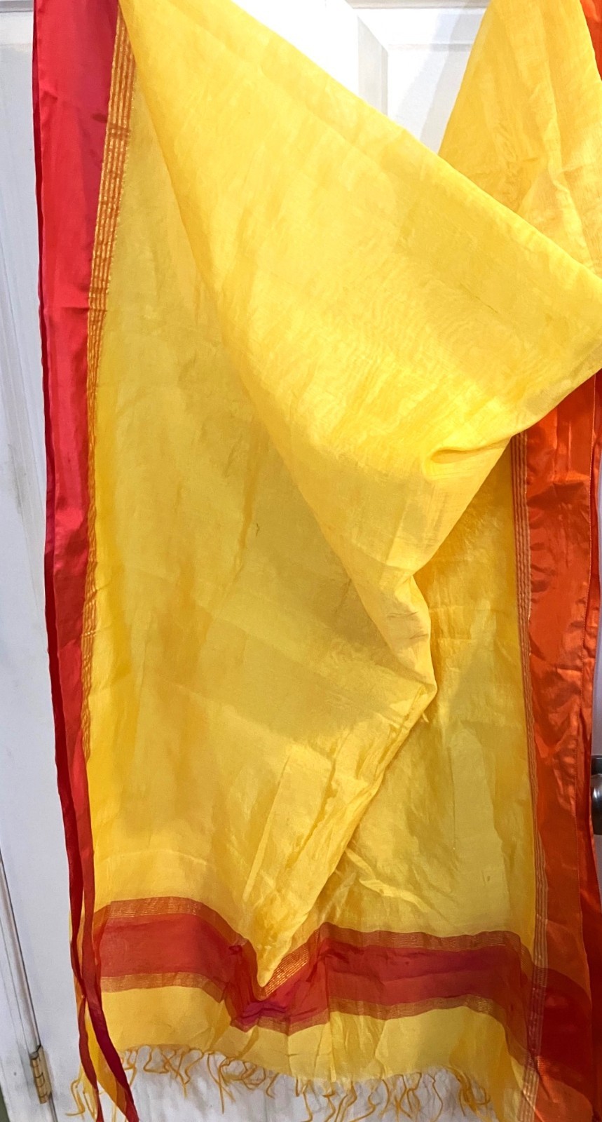 Hijab Faux Sillk Scarf with Fringe & Metallic Stripe Dubai Style Yellow 36×90″