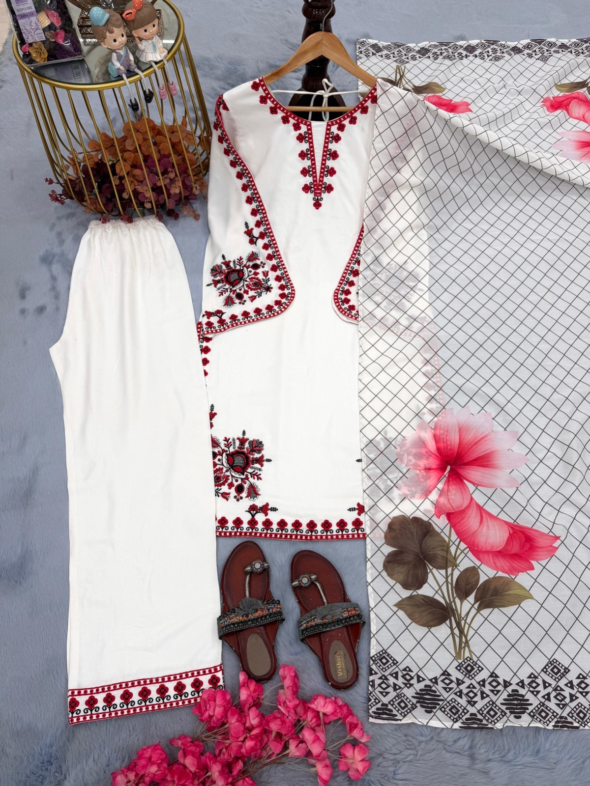 Women Ethnic Top Palazzo Set Satin Rayon Embroidery Party Wear