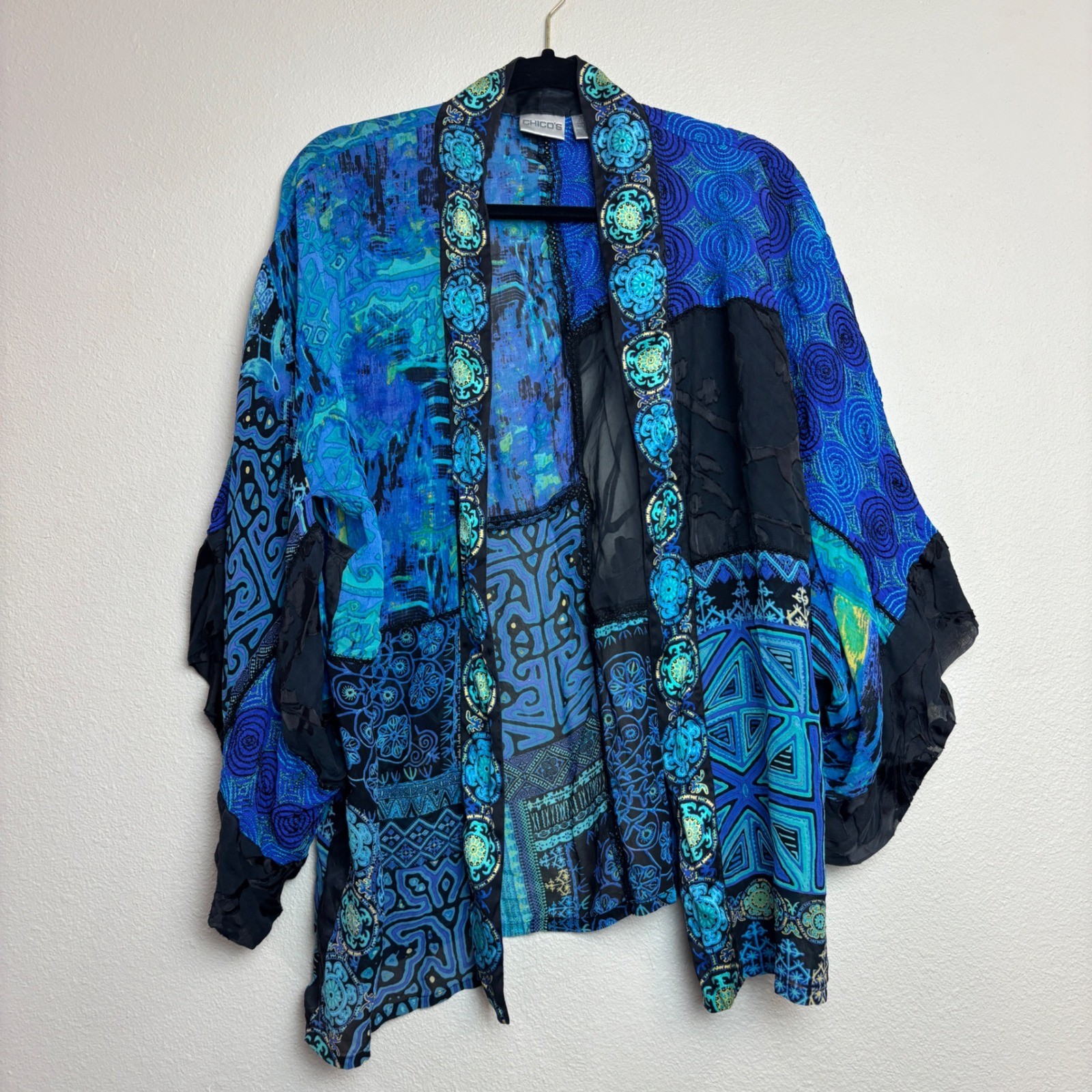 Chico’s Kimono Jacket Womens M/L Blue Patchwork Silk Blend Coastal Chic Boho Art