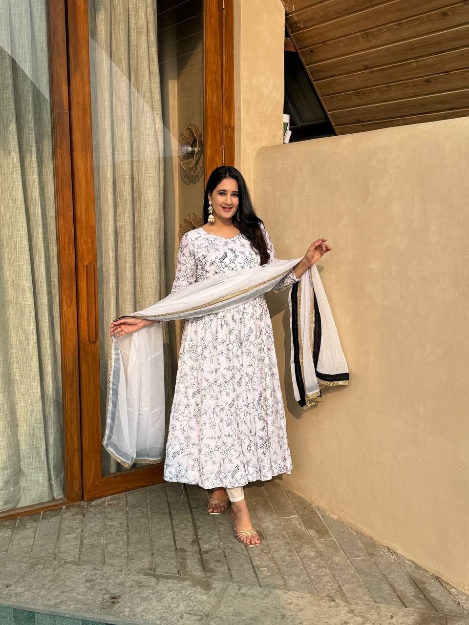Heavy Vichitra Silk White Gown Bottom With Dupatta For Indian Festival Wear