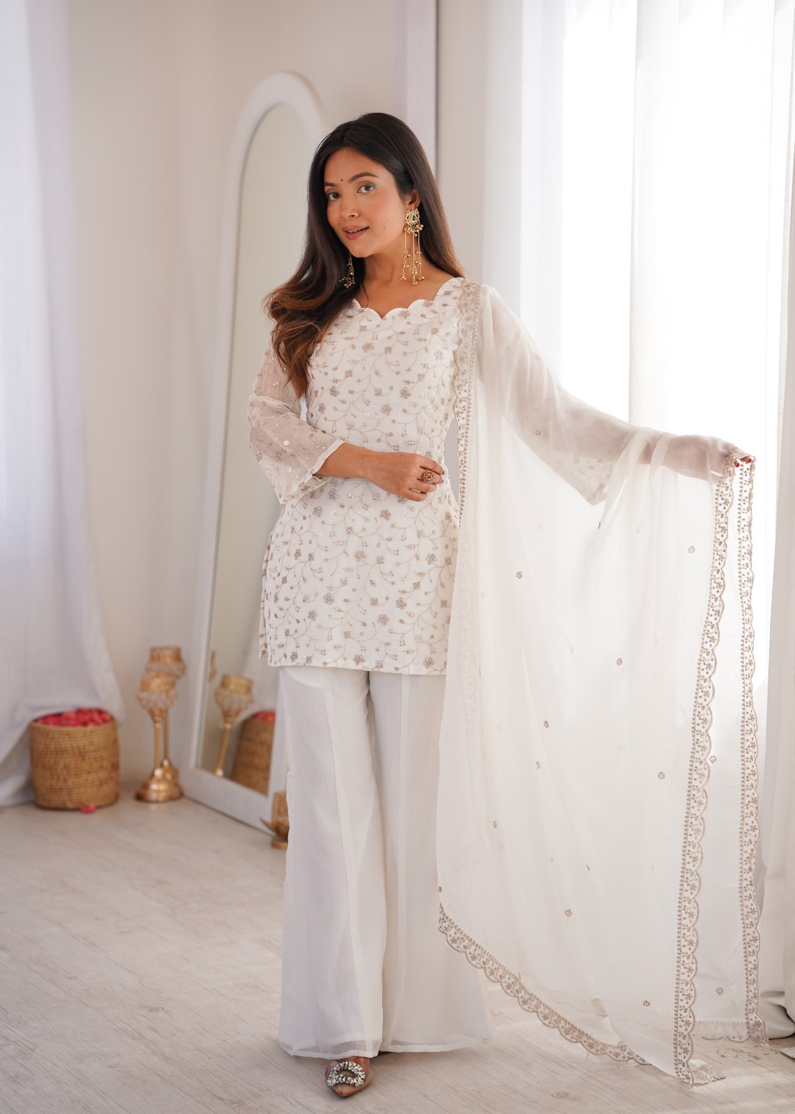 Readymade White Floral Embroidered Kurta Palazzo Dupatta Wedding Party Wear Set