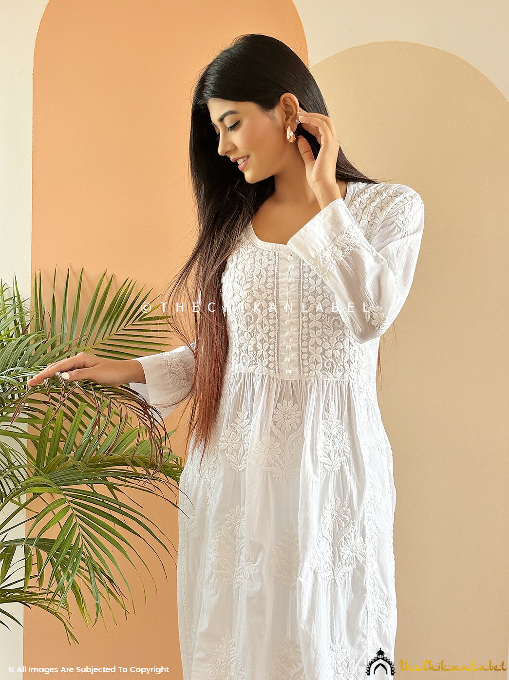 White Cotton Chikankari Nyra Cut Straight Kurti Lucknow Chikankari Handmade