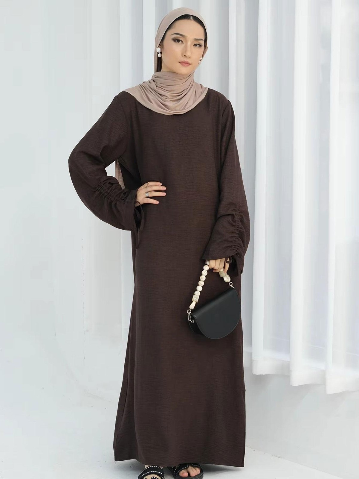 Eid Muslim Abaya Dress Lace Up Sleeve Modest Kaftan Robe for Ramadan Prayer
