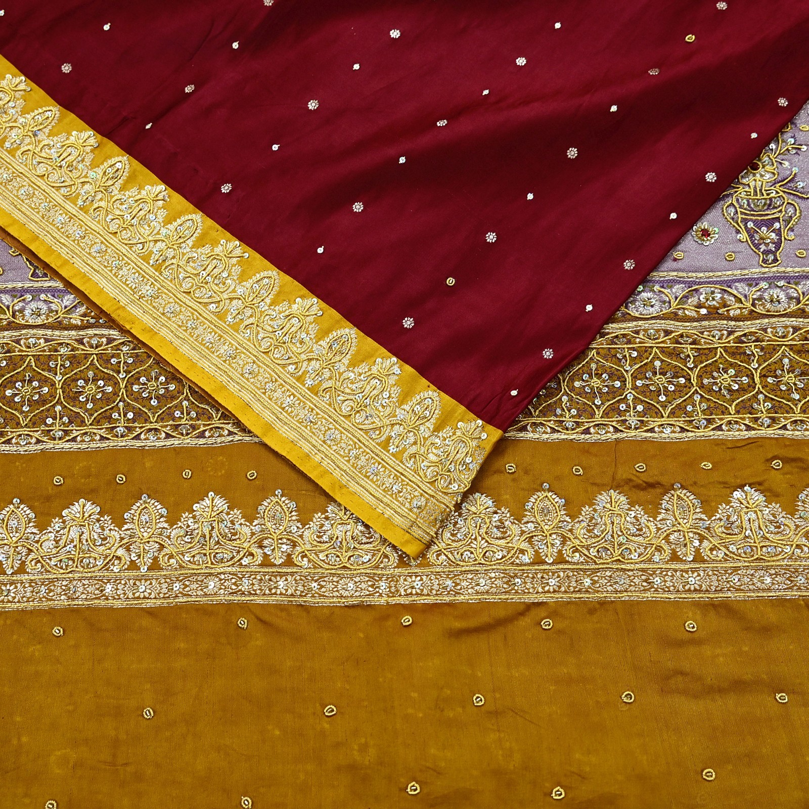 Vintage Heavy Saree Pure Satin Silk Hand Embroidered Banarsi Brocade Sari Dabka