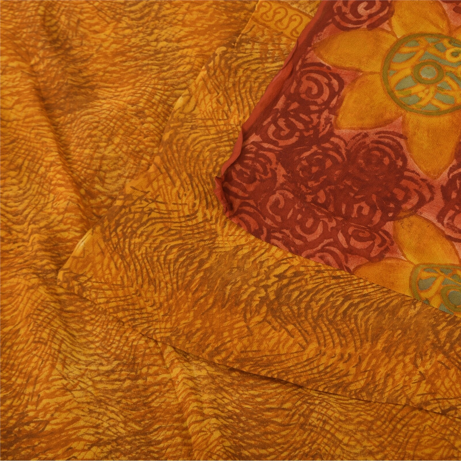 Sanskriti Vintage Sarees Saffron Pure Georgette Printed Sari 5+Yd Craft Fabric