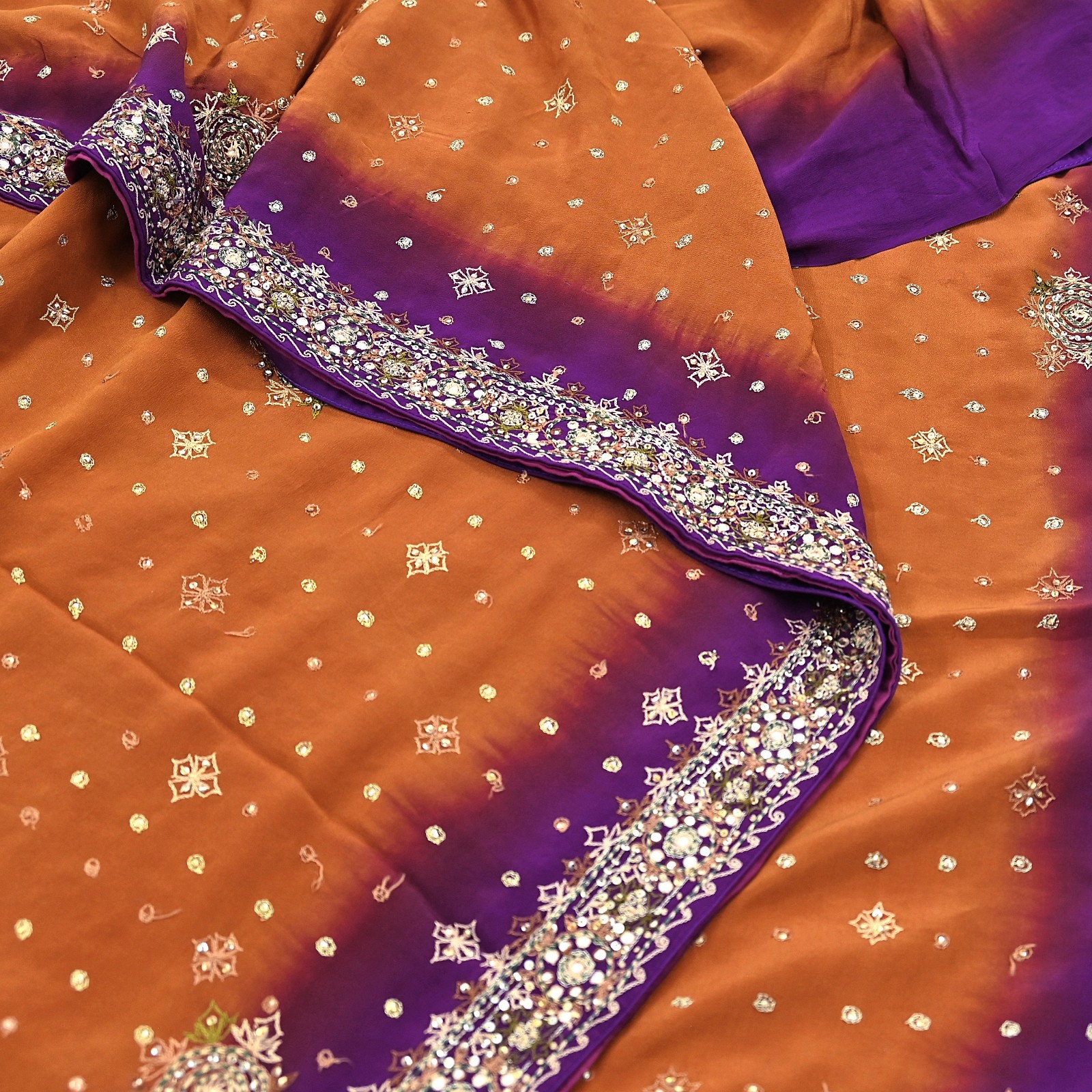 Indian Vintage Sari Purple & Mustard Pure Crepe Silk Hand Embroidered Sarees 6yd