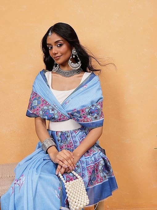 Sky Blue Cotton Blend Floral Print Saree with Unstitched Blouse Ethnic Wear