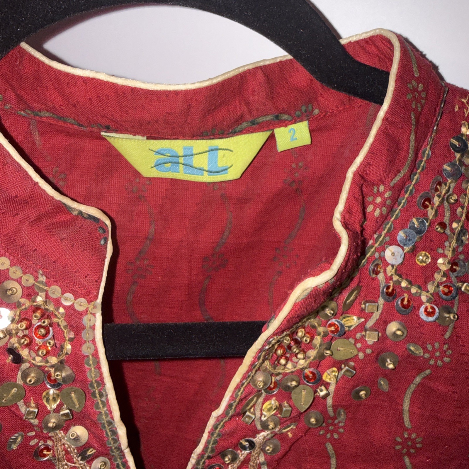 Dark Red Velvet 3/4 Sleeve Tunic Gold Metallic Thread Embroidery Boho Top Size 2