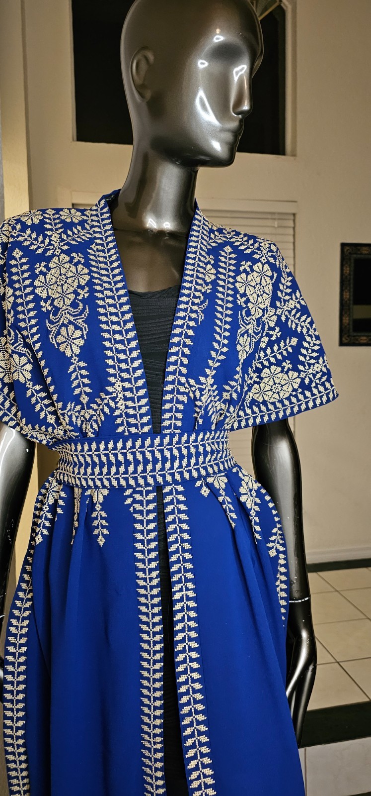 Blue Embroidered Tatreez Abaya Bisht Kaftan Thobe with tatreez belt