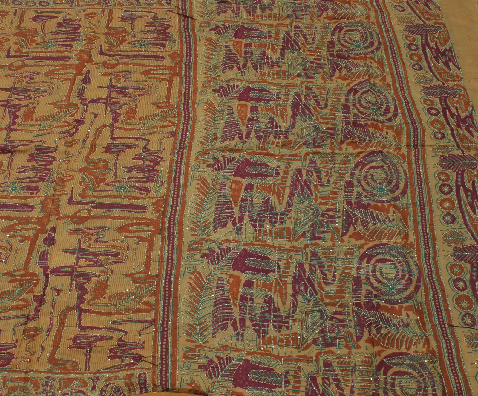 Sushila Vintage Brown Indian Saree Pure Silk Hand Embroidered Kantha Sari Fabric