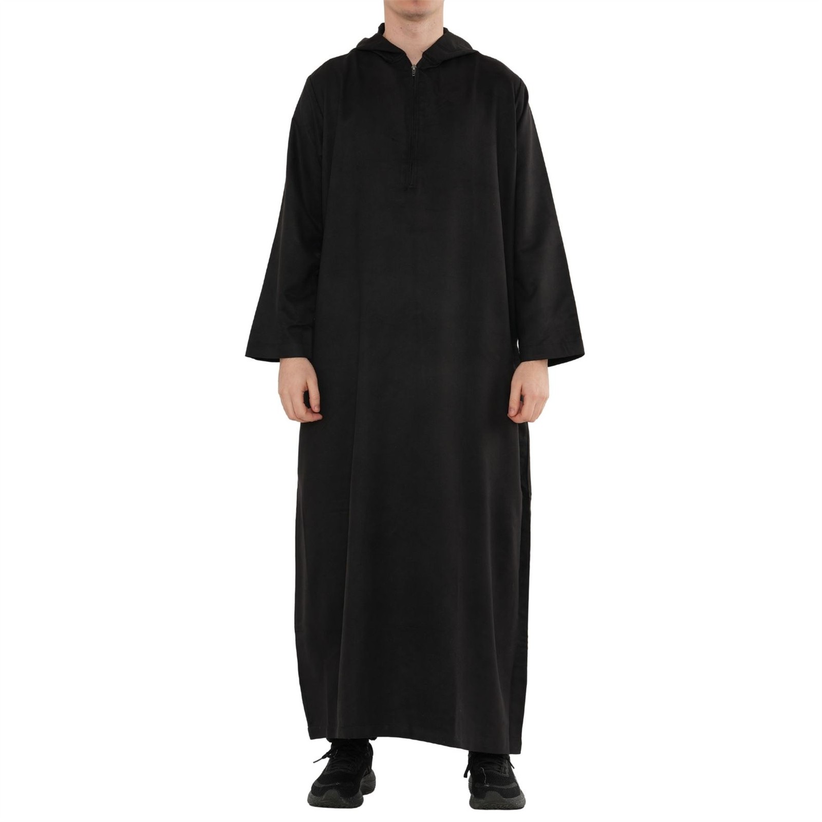 Men’s Black Hooded Suede Thobe Emirati Omani Zip Jubba Islamic Clothing Eid