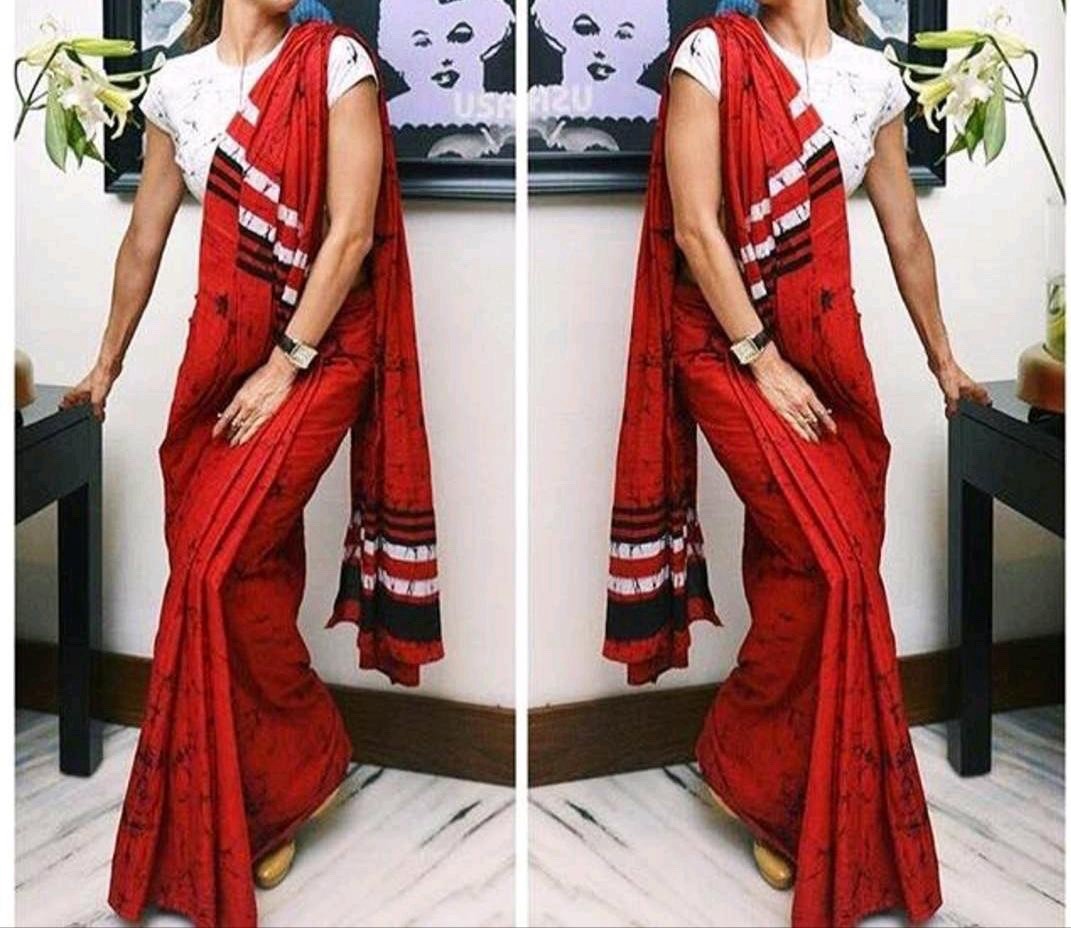 Red Crack Batik Cotton Sari saree casual wear Partywear With Blouse Piece