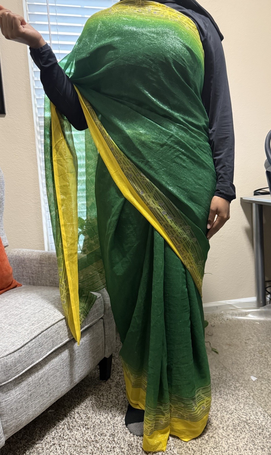 Green Yellow Silk Blend Saree Unstitched for Women