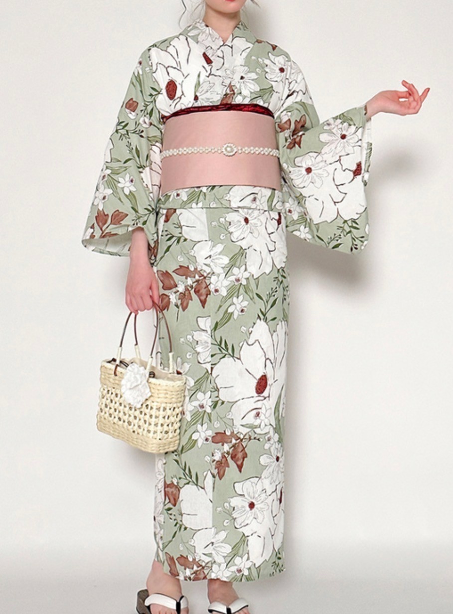 Japanese Yukata Set Women Cotton Kimono Summer Festival Floral Green Obi Belt