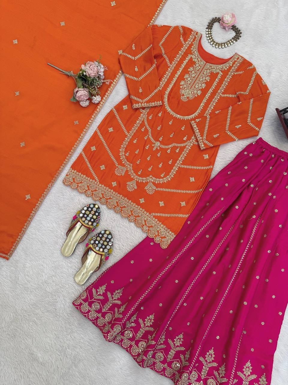 Premium Designer Chinnon Silk Kurta Palazzo With Dupatta For Wedding