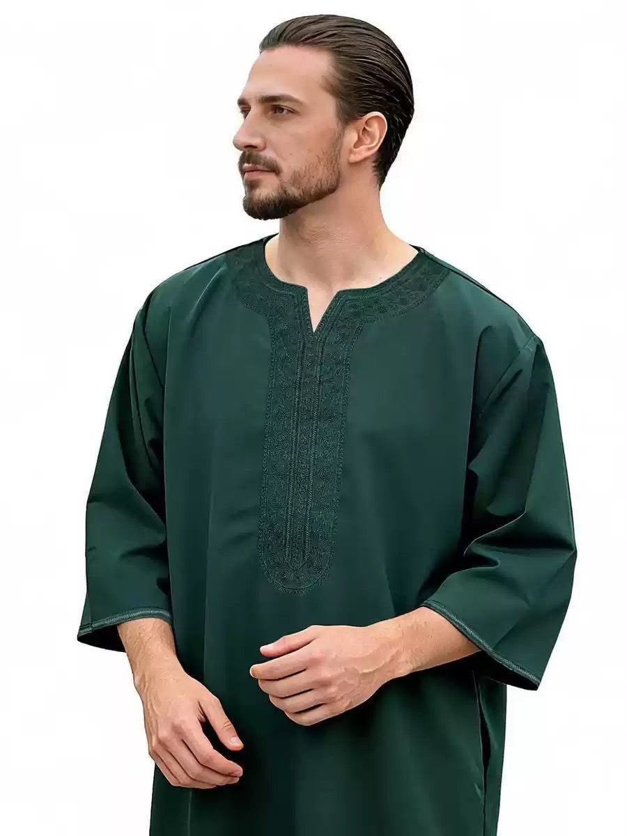 NEW Men’s Moroccan Style 3/4 Sleeve Djellaba Thobe Dark Green Jubbah | S-XXL
