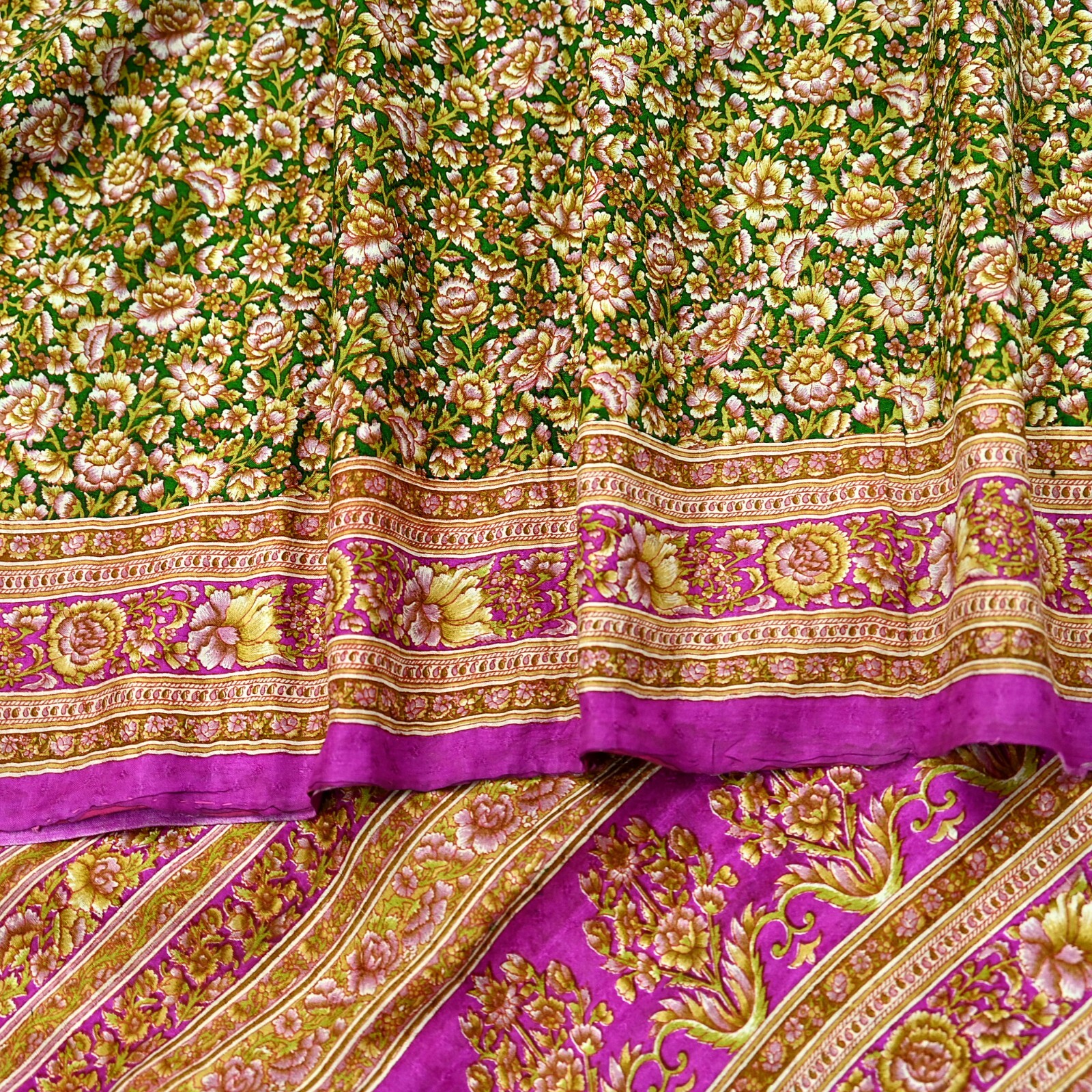 Vintage Sari Purple & Green Pure Silk Printed Saree Craft Fabric 6yd Sewing Soft