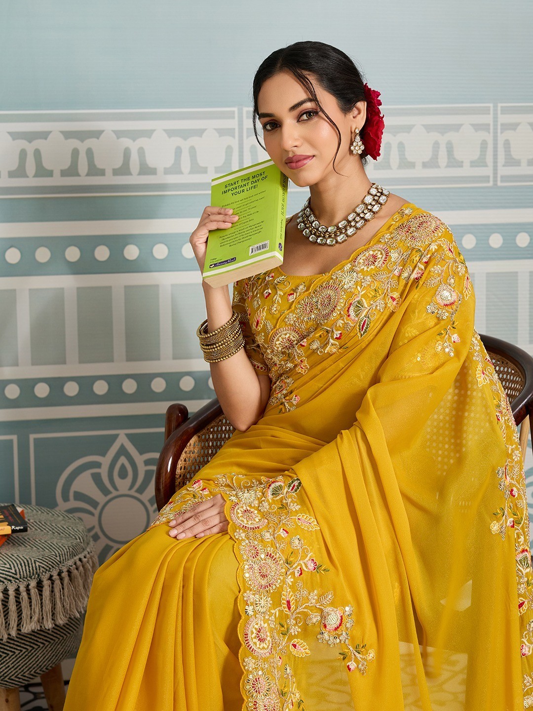 Readymade Soft Star Georgette Saree Embroidered Border Party Wear Wedding Sari