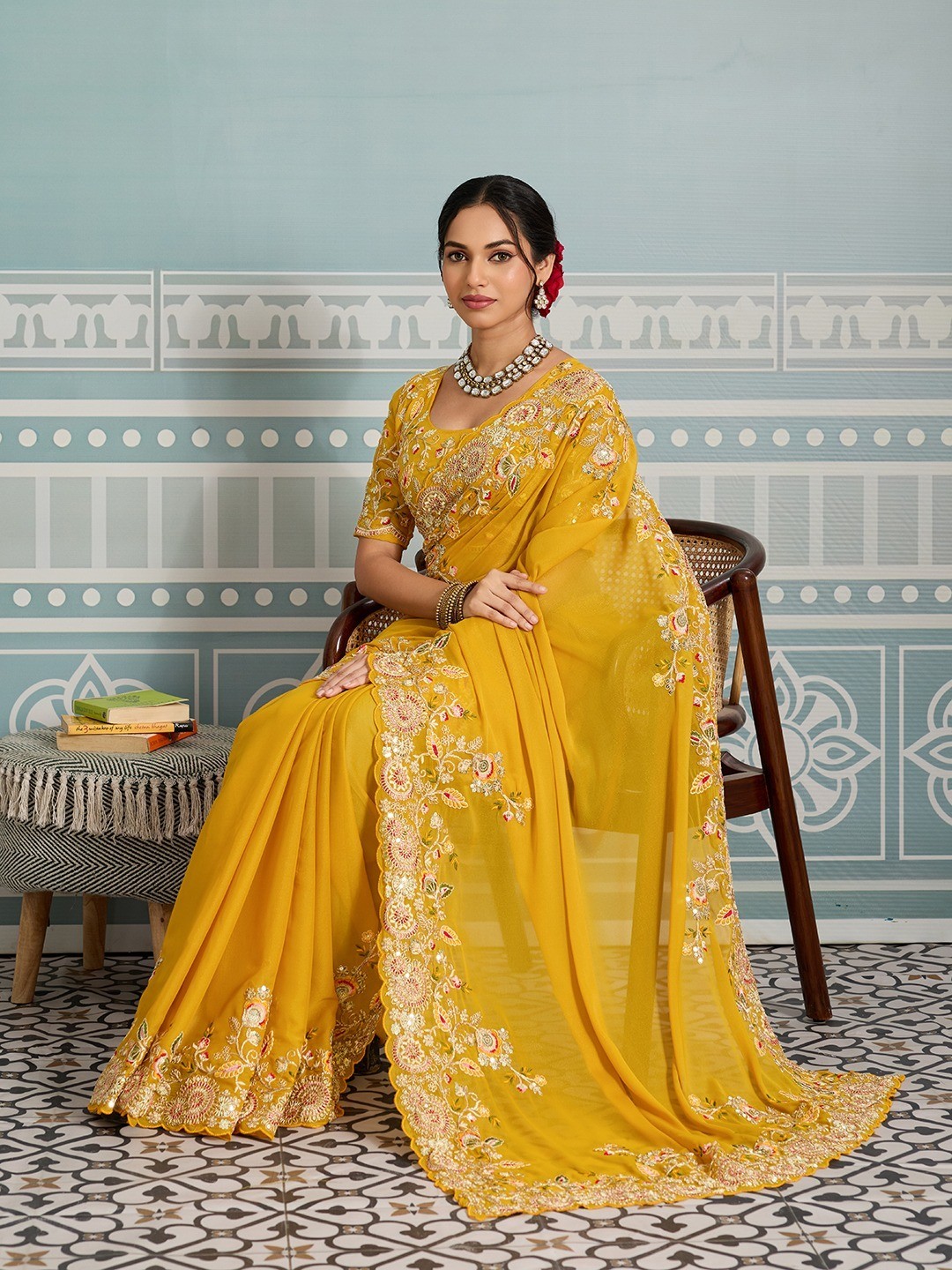 Readymade Soft Star Georgette Saree Embroidered Border Party Wear Wedding Sari