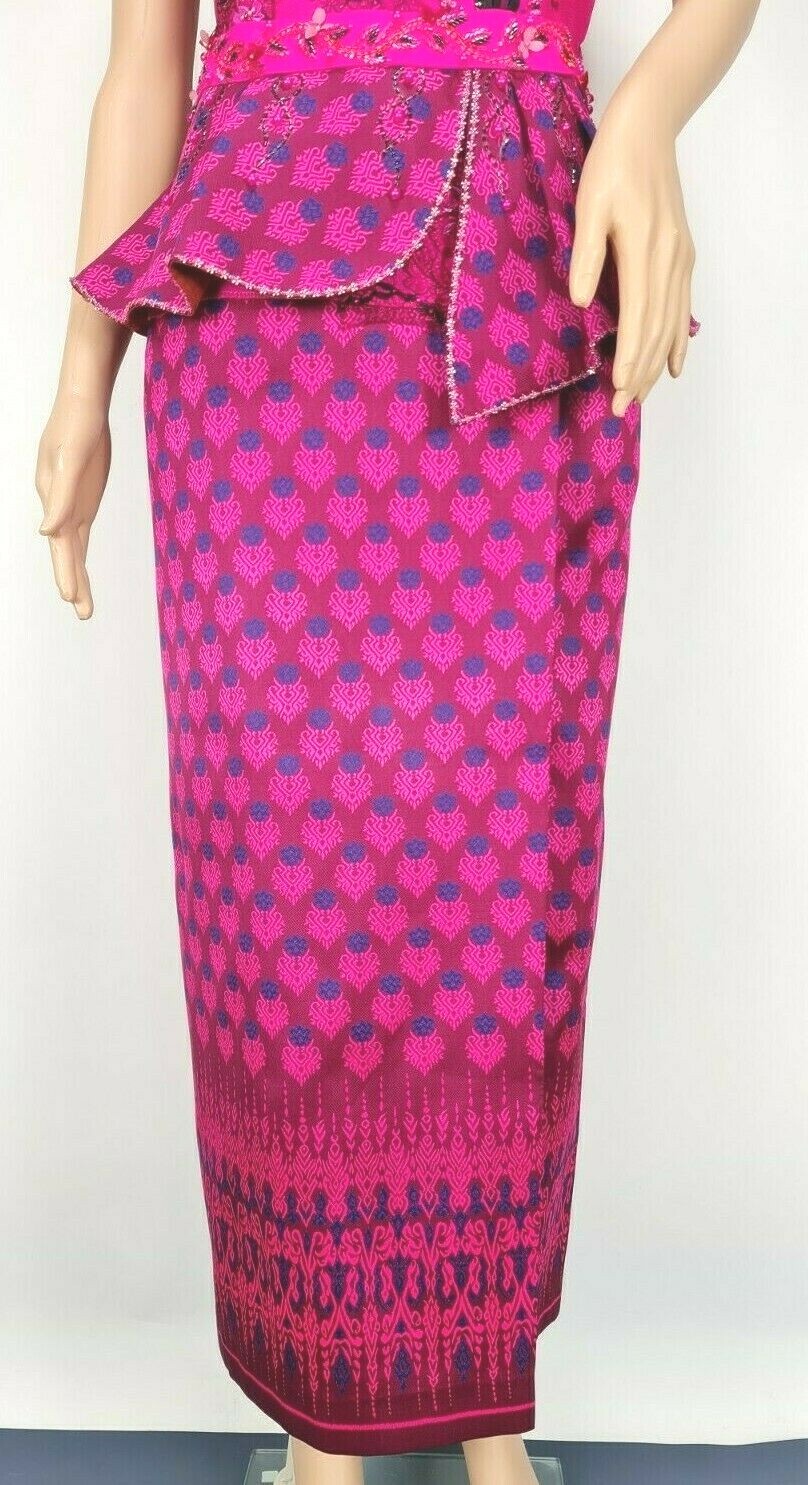 Cambodia Khmer Traditional Out fit Women Sz L Deep Pink Lace Korean Silk Skirt
