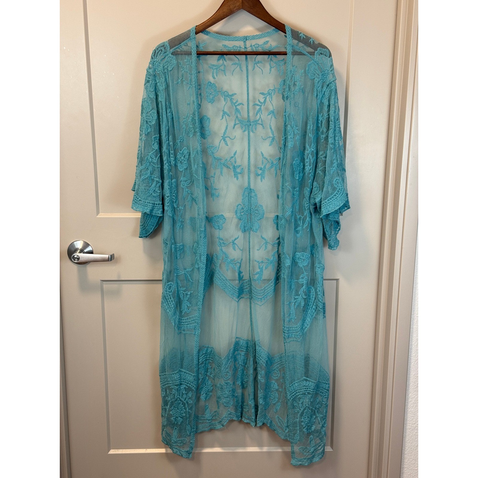 Woven Heart Aqua Floral Lace Long Kimono One Size Boho Cottagecore