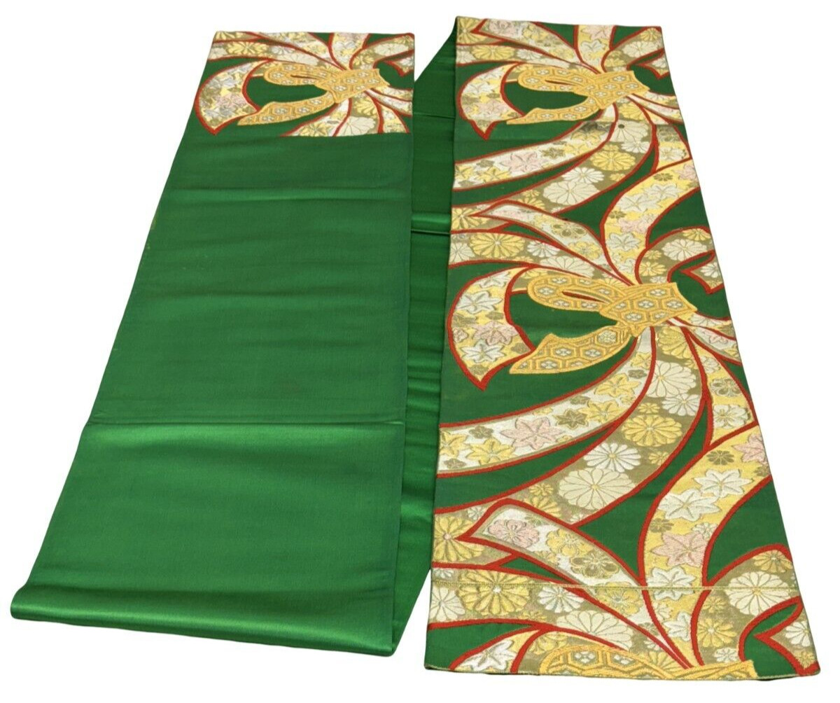 Japanese Vintage Kimono Fukuro Obi silk Green Embroidery expensive Dirt 162x11in
