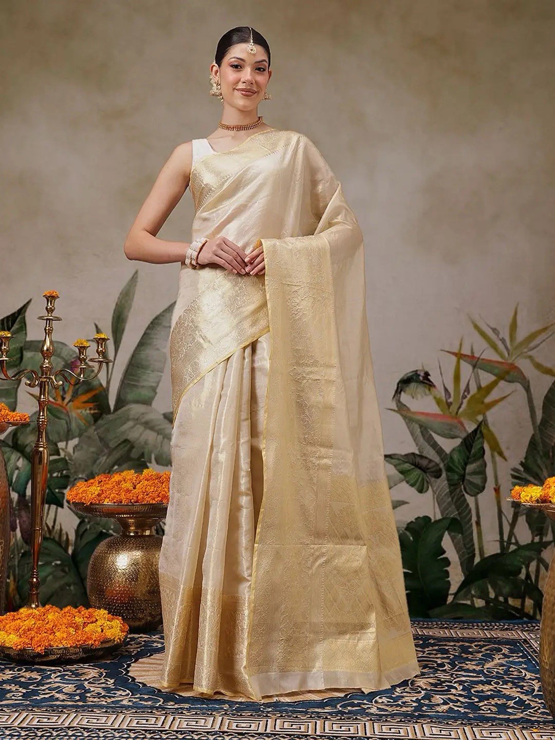 Beige and Gold-Toned Silk Blend Kasavu Saree with Zari Border