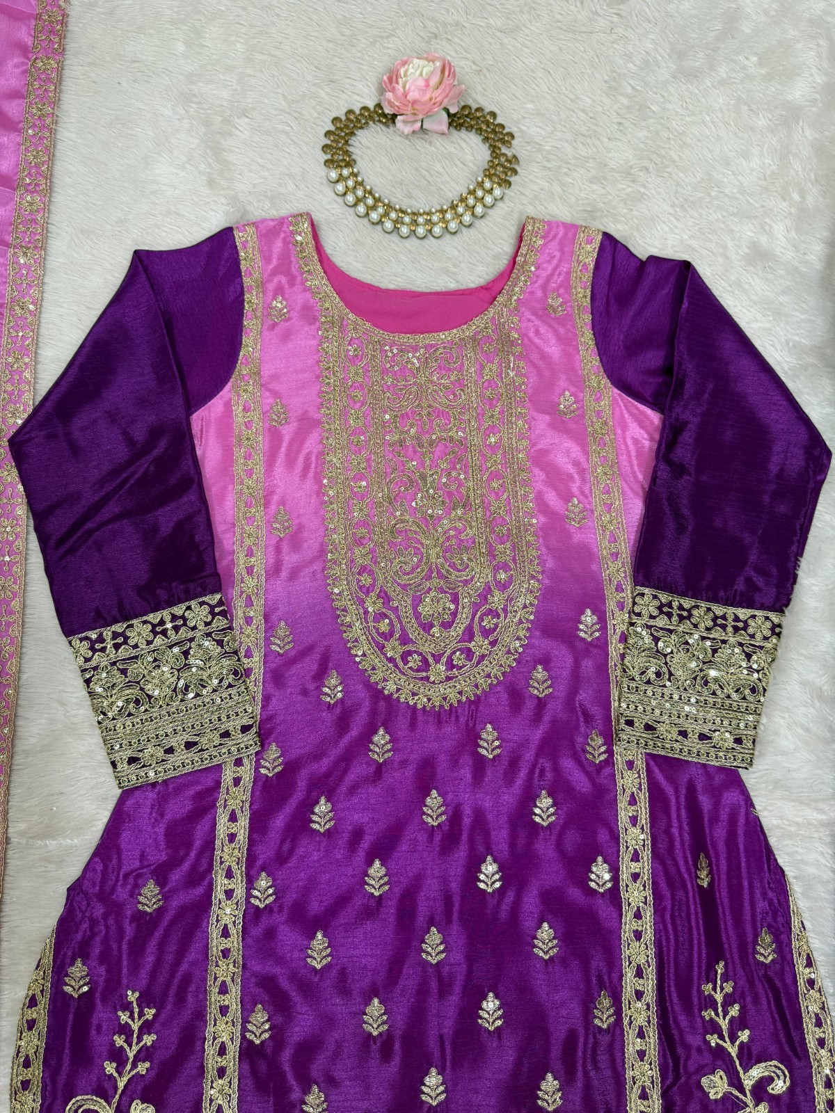 Latest New Chinon Silk Purple Top Palazzo With Dupatta For Women & Girls Wear