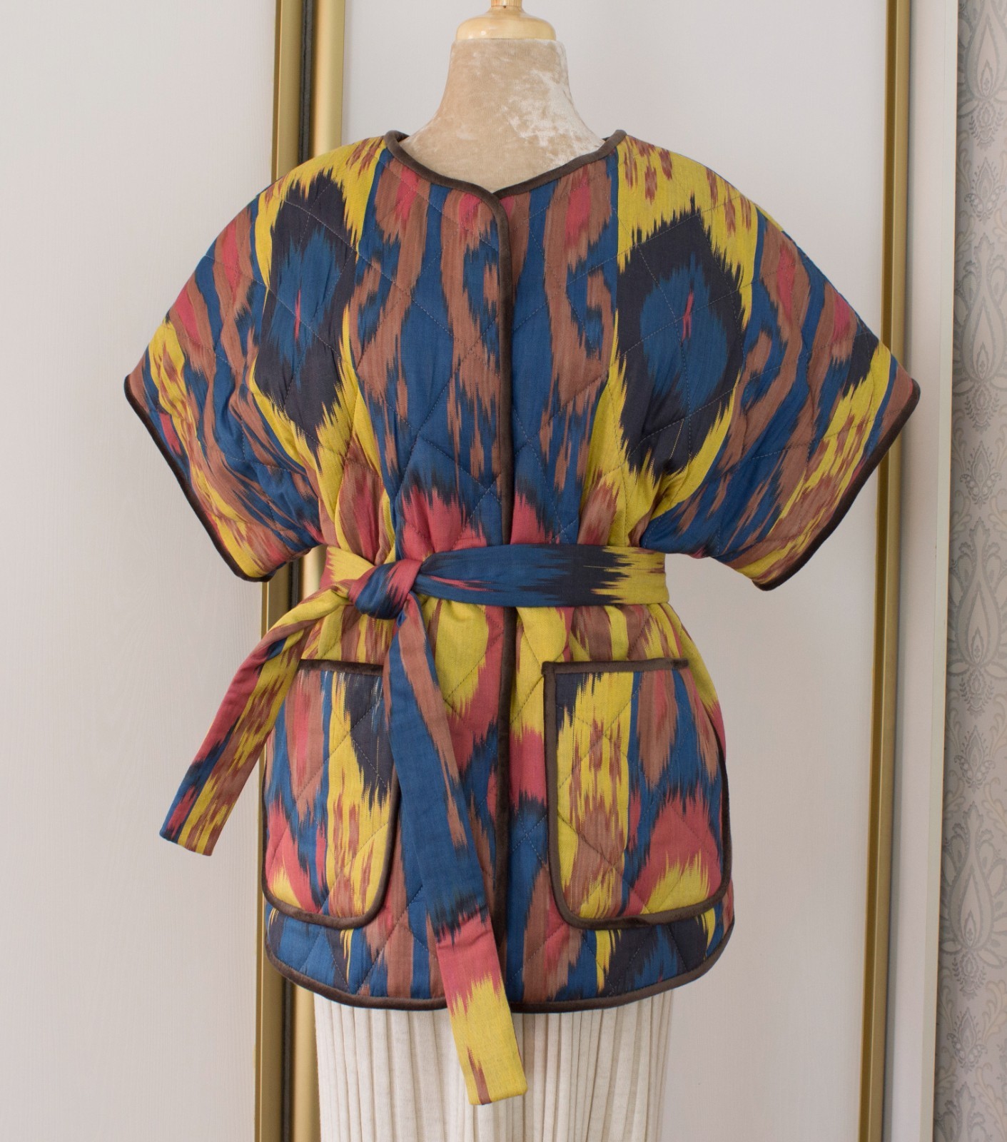Handmade Ikat Quilted Jacket Uzbek Cotton OOAK Boho Kimono Vest Belt Pockets