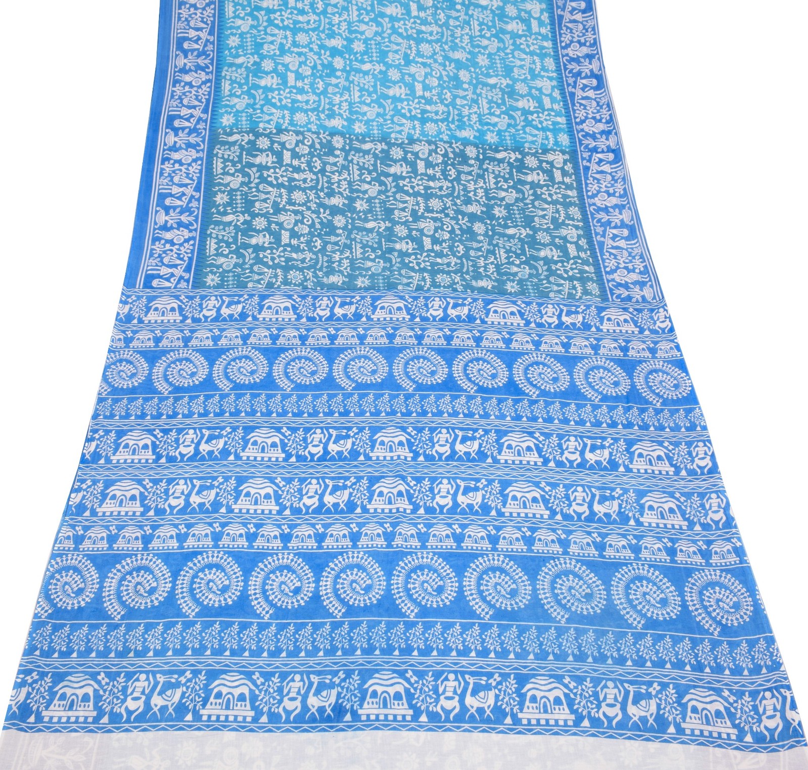 Sushila Vintage Sky Blue Saree Pure Cotton Warli Printed Sari Soft Craft Fabric
