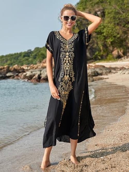 Women Kaftan V Neck Casual Bathing Suit Kimono Sleeve Side One Size Black 03