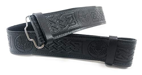 Black Leather Scottish Highland Kilt Belt With Thistle Embossed Design X-Large