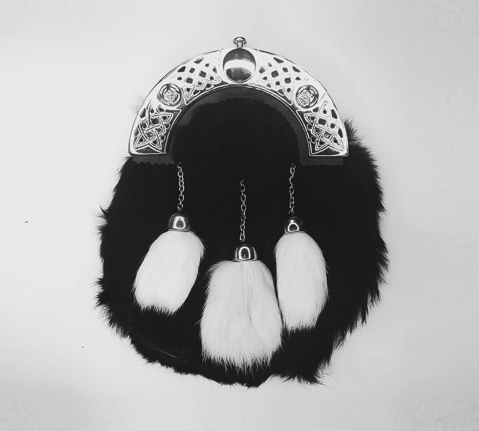 Natural Black Rabbit Fur Scottish Kilt Sporran | Black and White Chroom Cantle